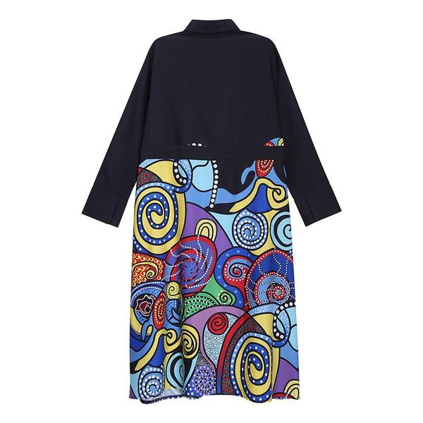 

casual dresses superaen 2021 autumn winter print patchwork turn-down collar straight mid-calf woman dress, Black;gray