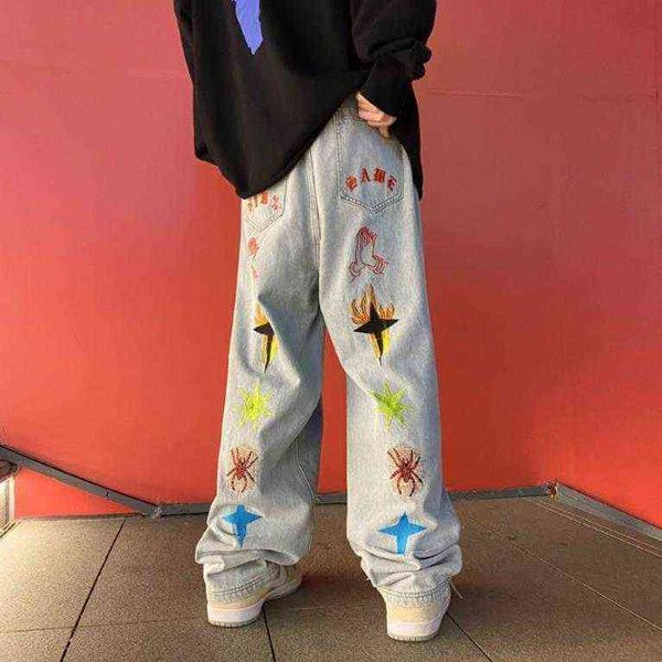 

jeans imprims de marque pour hommes pantalon droit ample jambes larges hip-hop automne et hiver ins high street 0309, Blue