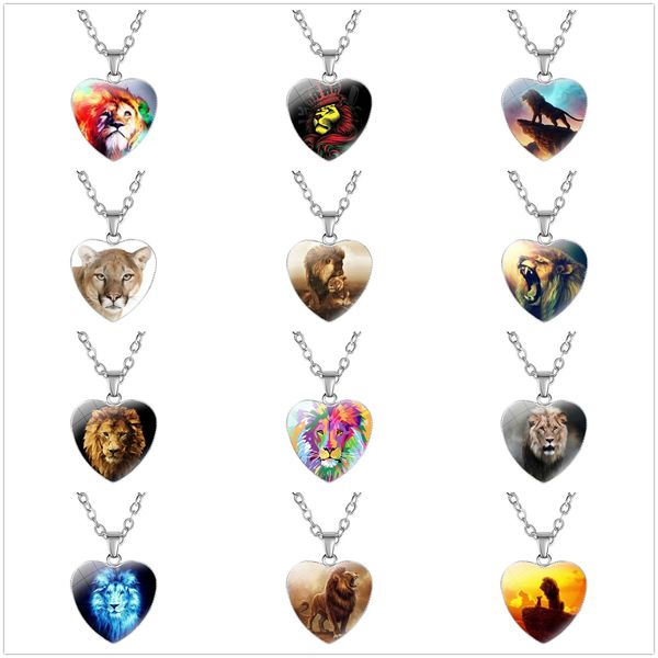 

colorful lion pattern heart glass pendant necklace women silver plated animal charm gifts party home decor