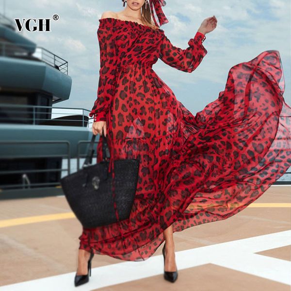 

vgh print leopard vintage dress for women stand collar long sleeve high waist midi dresses female autumn fashion new tide 210421, Black;gray