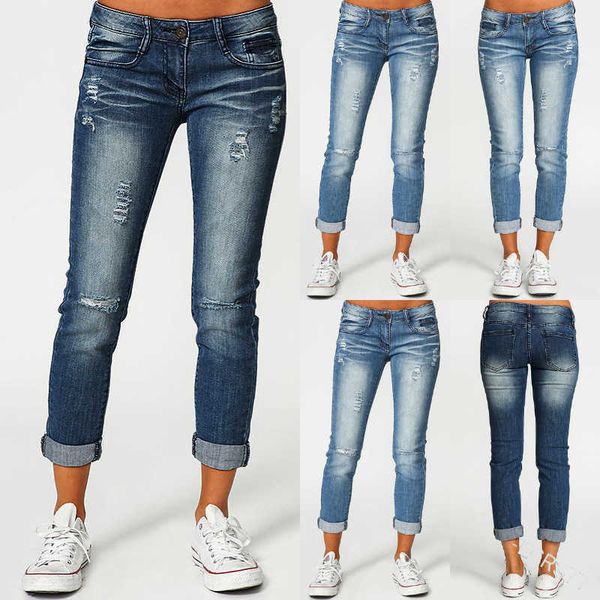 

women's jeans casual simple fashion pleated white frayed, Blue