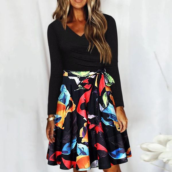 

casual dresses women floral printed dress fashion long-sleeve party female oversize a line mini fall vestidos 4xl, Black;gray