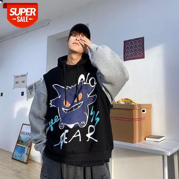 

2020 men's fashion coats trendy loose pullover splicing color hooded hoodies cotton casual streetwear 4 sweatshirts m-2xl #ib8t, Black