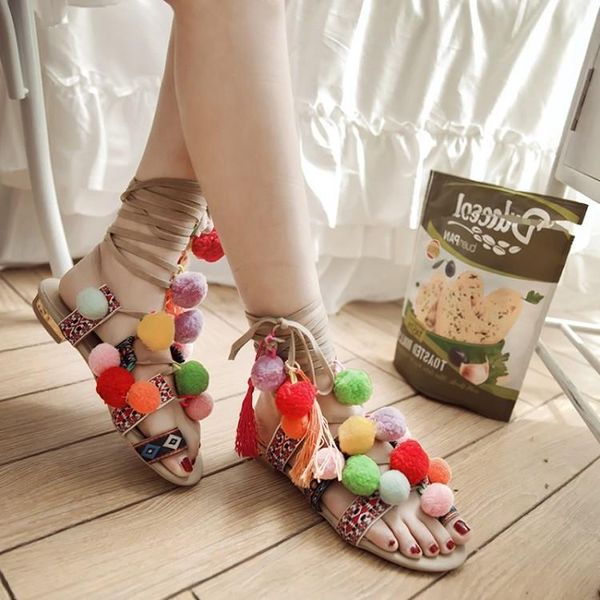 

sandals 2021 summer sweet color ball strap roman shoes flat large, Black