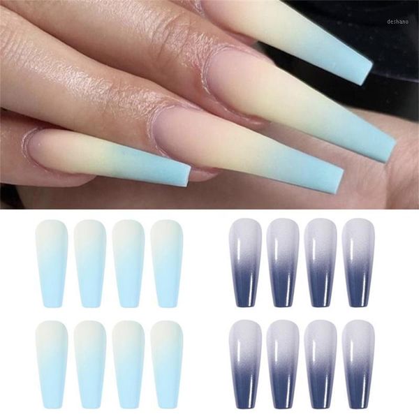 

24pcs/set full cover french gradient color false nails acrylic matte long ballerina detachable fake diy nail art extension1, Red;gold