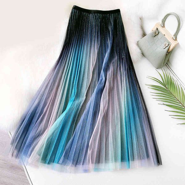 

skirts colorful gradient metallic tulle skirt high waist long a line pleated rainbow womens modis arrival wsgz, Black