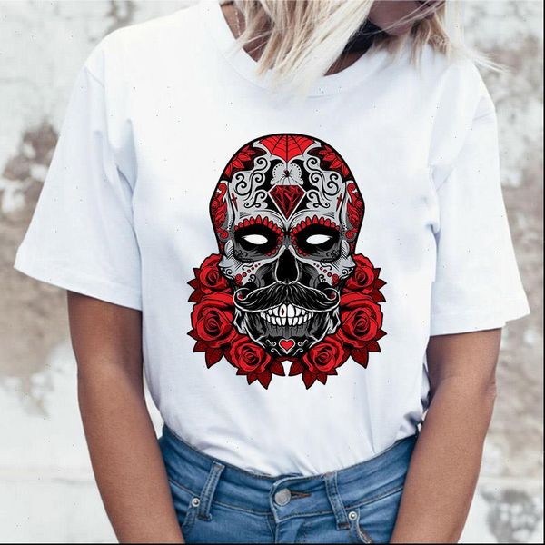 

funny womens t shirt short sleeve women floral skull printed harajuku aesthetic clothes vogue o neck tee femme, White