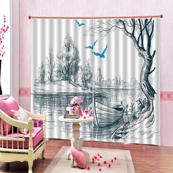 

curtain & drapes lake house boat on calm river trees birds twigs sketch drawing for living room bedroom blackout deceor