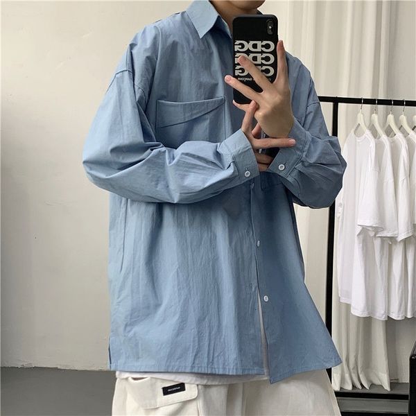 

men's casual shirts korean dress fashion solid color business streetwear loose autumn society long-sleeved sne7, White;black