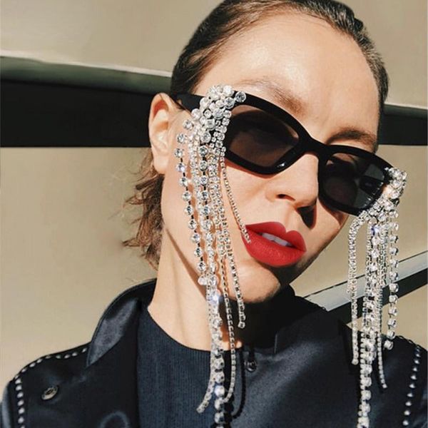 

sunglasses vintage tassel rhinestones women 2021 luxulry brand steampunk sun glasses unique diamond eyeglasses oculos uv400, White;black