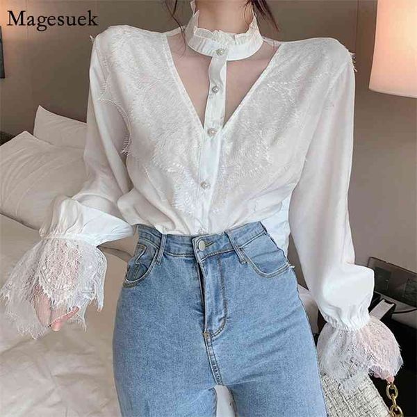 

korean fashion lantern sleeve lace black shirt elegant loose mesh vintage white blouse women female blusas 11536 210512