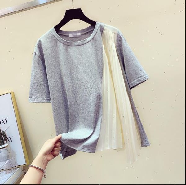 

women t shirts shirt woman summer fashion pleats pleated stitching short sleeve female ladies loose tee, White