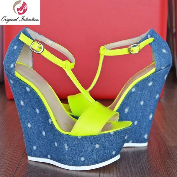 

original intention fashion women sandals summer shoes platform open toe wedges buckle strap nice yellow plus size 15, Black