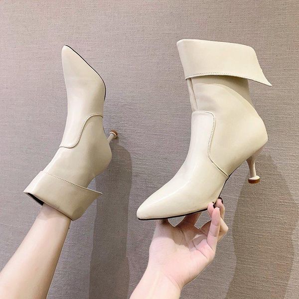 

boots rimocy fashion turned-over edge ankle women simple beige pumps winter warm short plush pointed toe thin heel leather, Black