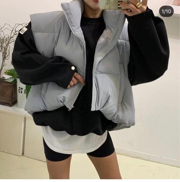 

women's vests [ewq] 2021 korean short front and long back stand collar loose thickened warm fluffy down cotton vest jacket women 16r301, Black;white