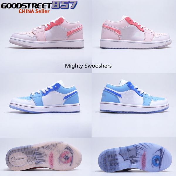 

men women 1 1s low se mighty swooshers basketball shoes jumpman blue pink velvet casual sport sneaker trainers