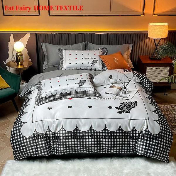 

bedding sets luxury soft washed silk cotton black rose printing princess set lattice duvet cover flat/fitted sheet pillowcases