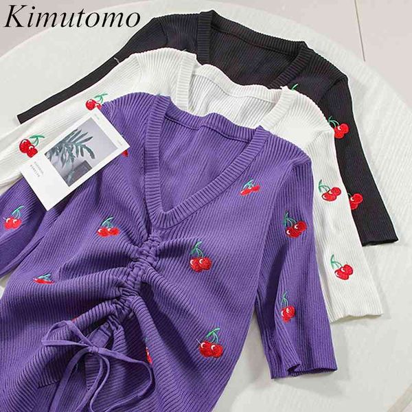 

kimutomo short-sleeved knitted sweater women spring cherry print v-neck short drawstring slim thin elegant fashion 210521, White
