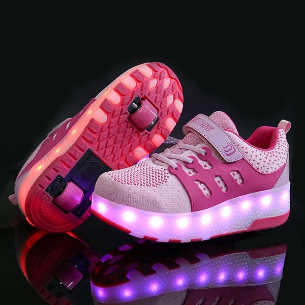 

sneakers children two wheels luminous glowing red pink blue led light roller skate shoes kids boys girls usb charging, Black;red