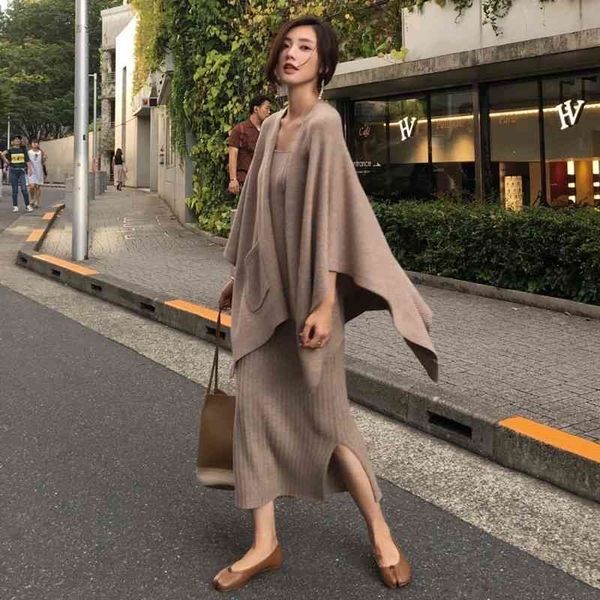 

new women's cashmere cardigan sweaters and knitting dress 2 piece sets autumn winter female sling dresses knitted suit 210407, White