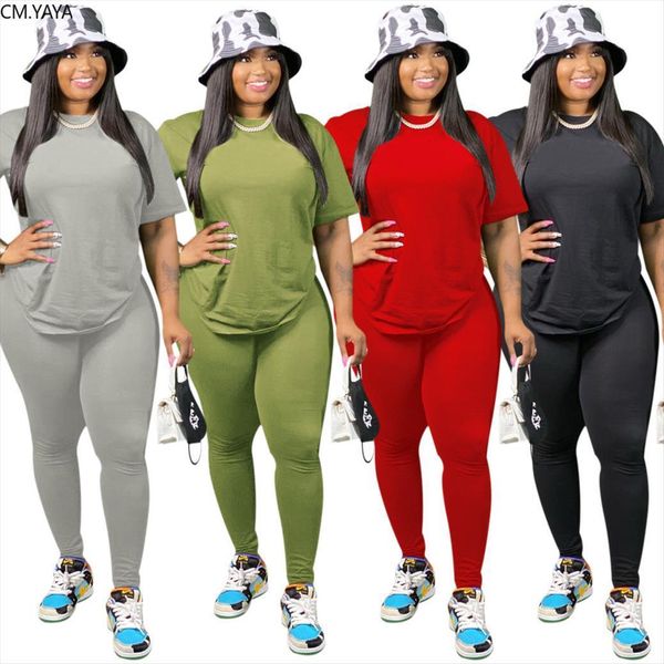 

cm.yaya active wear solid womens pants set short sleeve t shirt jogger suit sport two piece fitness outfit, White