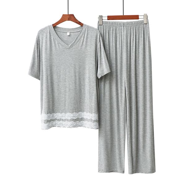 

women's sleepwear home wear modal v-neck summer pajamas set short sleeved trousers lace pijamas suit cotton sleepwear women pyjama femm, Black;red