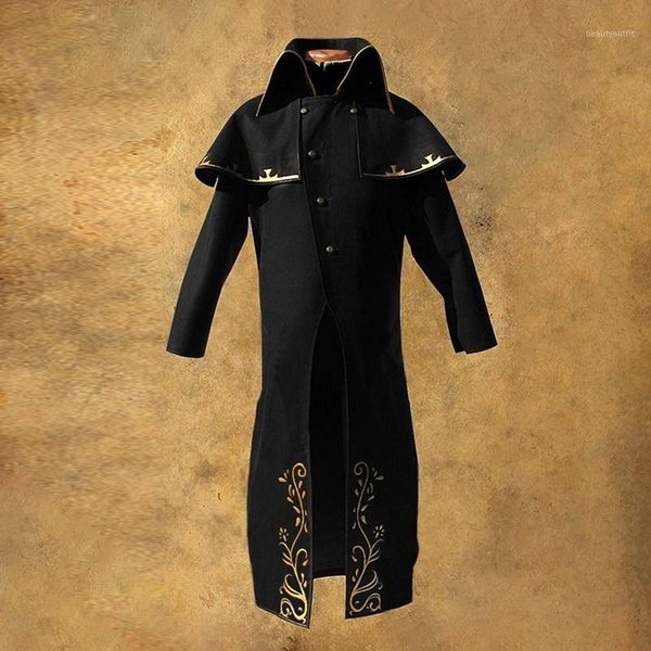 

men's trench coats coat men retro long steampunk gothic wind cloak windbreaker fashion plain cap cardigan costume, Tan;black