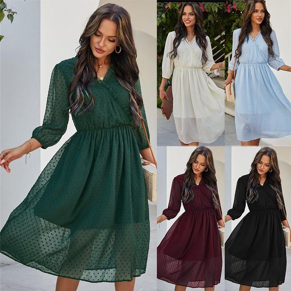 

fashion 2021 women dot dress casual elegant v-neck lantern sleeves ruffles slim long dresses, Black;gray