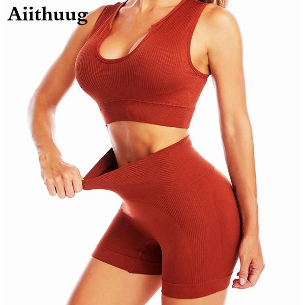 

yoga outfit aiithuug women seamless workout outfits 2 piece set sleeveless crop deep v sports bra high waist shorts cropped tank