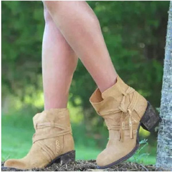 

boots autumn winter women shoes lace up high heels ankle ladies fringe cross strap platform vintage punk western, Black