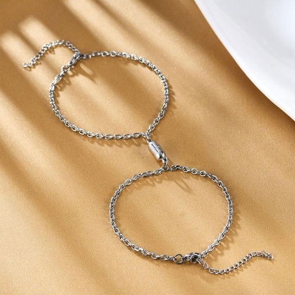 

link, chain 2pcs stainless steel boyfriend girlfriend relationship bracelet love magnetic long distance kit lover jewelry gift, Black