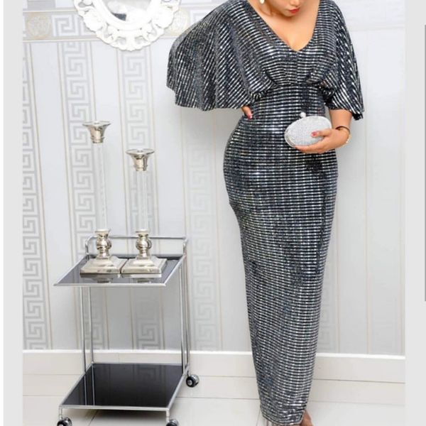 

women deep v-neck party high waist maxi long package hip elegant evening celebrate gray black robes tunics plus size xl l 210416, Black;gray