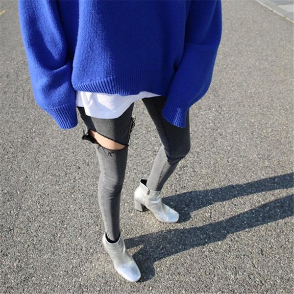 

women's jeans grey ripped high waist female chic korean version of the tight stretch show thin feet nine point trousers, Blue