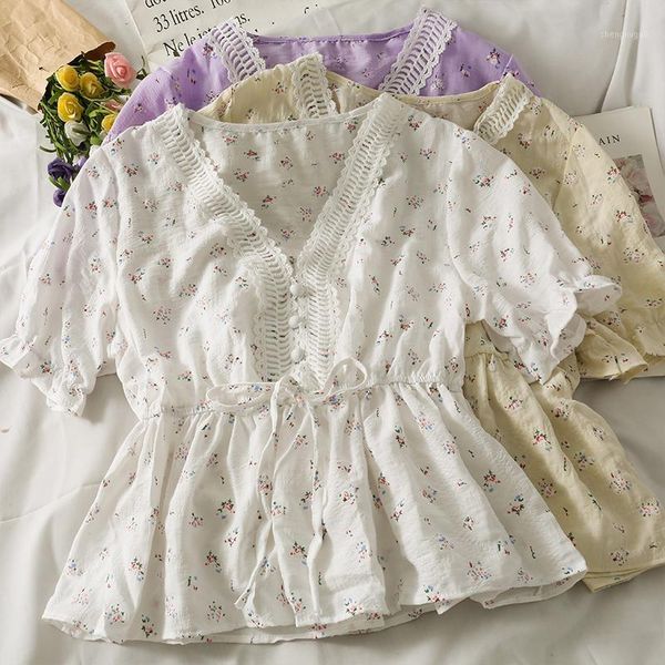 

women's blouses & shirts syiwidii floral print women summer 2021 lace spliced v neck puff sleeve bow up short green white yellow
