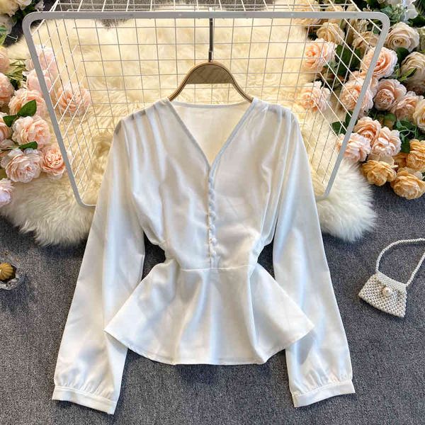 

women's knits & tees 2021 fashion women retro solid color feminine v-neck long sleeve lace up shirt white black elegant cloth