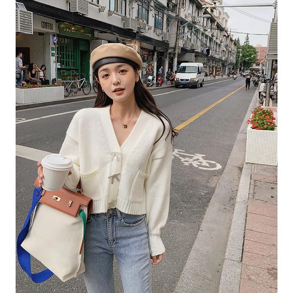 

women's knits & tees cardigan sweater coat short small loose korean student autumn v-neck shirt knitted, White