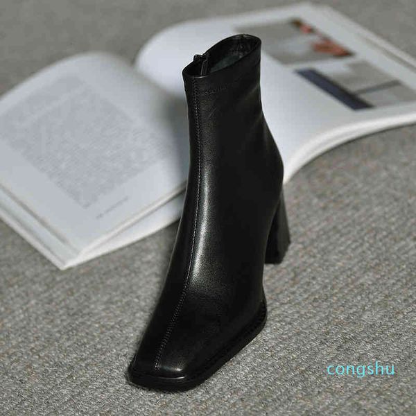 

boots genuine leather high heels zipper round toe keep warm plus size movie star office lady handmade ankle boots 11, Black