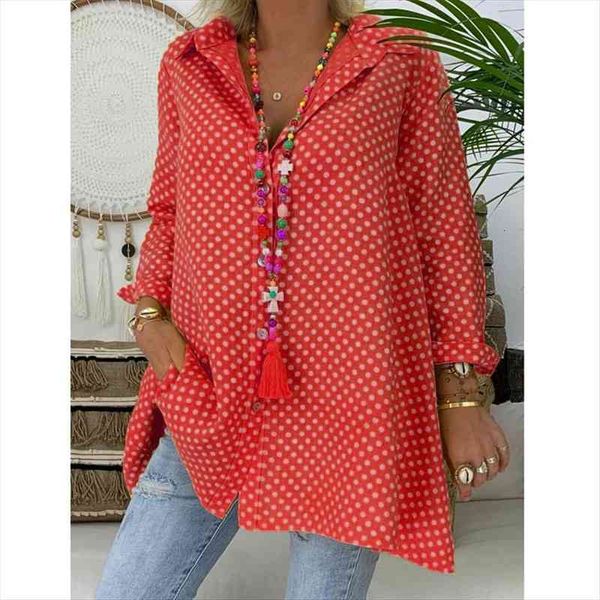 

plus size women v neck polka dot shirt long sleeve loose blouse ladies, White