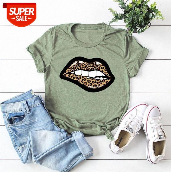 

spot european and american women's loose round neck short-sleeved leopard print lips cotton t-shirt women #l66e, White