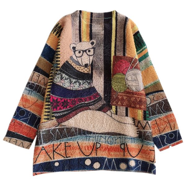 

women's knits & tees lamtrip quality women knitting loose o-neck fur mohair color block vintage cartoonm print character sweater u, White