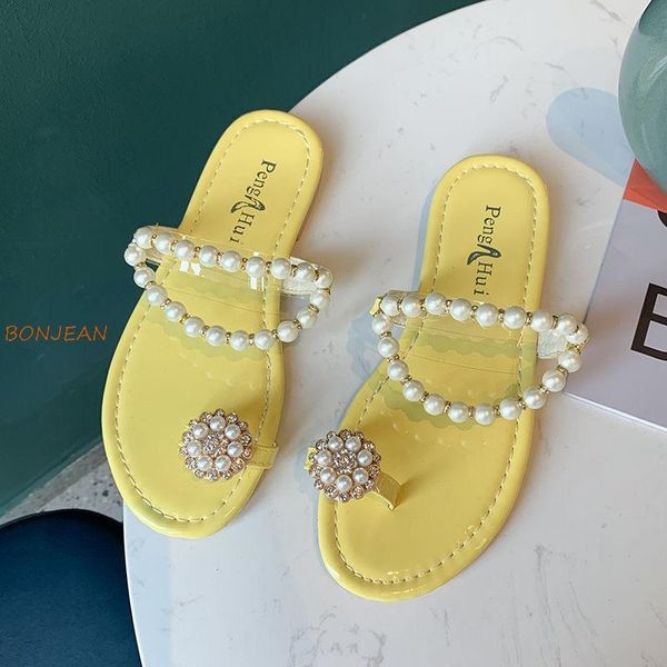 

slippers summer women sweet pearl thong sandals brand girls beach green soft bottom flats designer outdoor casual flip flop female, Black
