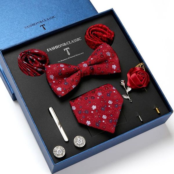 

bow ties gift box men`s fashion tie 100% silk jacquard woven necktie hanky cufflinks sets for formal wedding business party, Black;gray