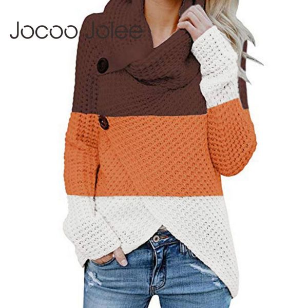 

women autumn winter thrtleneck sweater long sleeve vintage color block harajuku knitted button irregular pullover plus size 3xl 210428, White;black