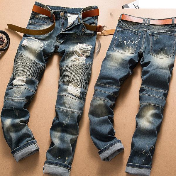 

mens pants design cool men pants hip hop long men retro ripped knight skinny jeans denim personality, Blue