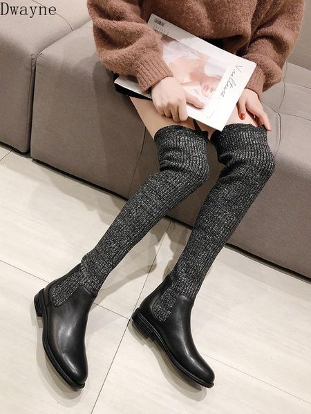 

boots 2021 spring and autumn flat bottom knee long tube was thin elastic socks fashion sequins college stars women's, Black