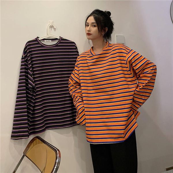 

women's t-shirt harajuku style autumn loose striped retro long-sleeved round neck pullover women simple fashion, White