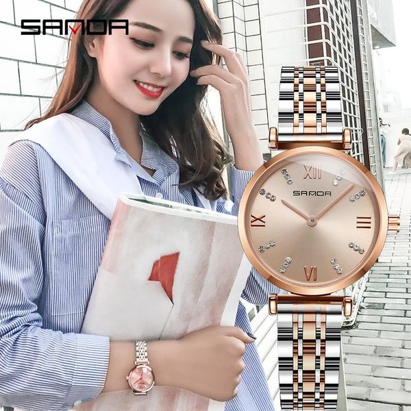 

wristwatches sanda female watch simple diamond women's steel strap waterproof fashion ladies quartz, Slivery;brown