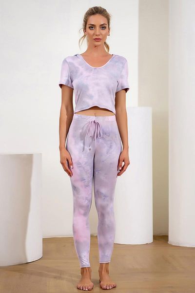 

women's two piece pants two-piece yoga suit summer tie-dye short sleeve hooded t-shirt mid waist pencil sports suits, White