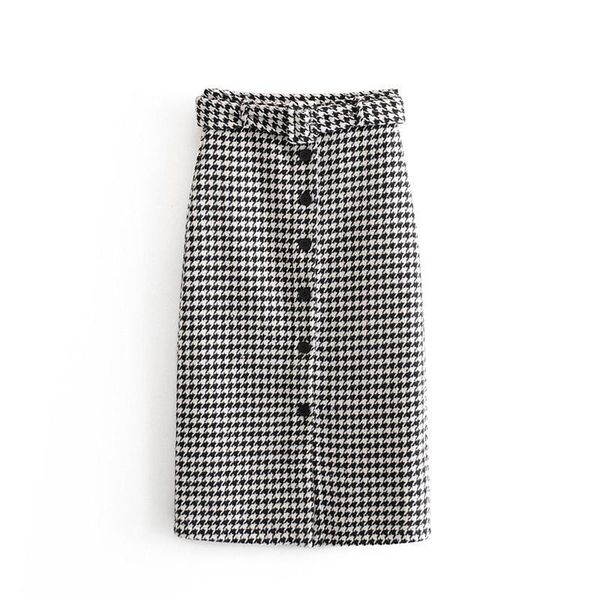 

skirts women vintage elegant tweed houndstooth midi skirt with belt fashion office ladies button decorate chic plaid split, Black