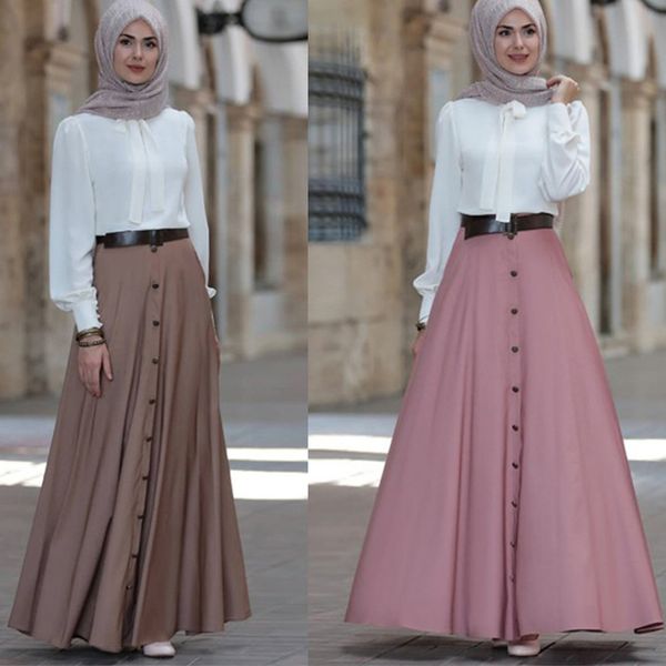 

large swing long skirt women dubai muslim elegant high waist button a-line skirts laides arab solid islamic clothing plus size, Red